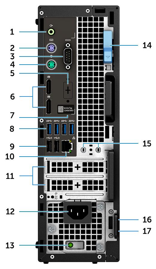 Prikaz sa zadnje strane 1 Linijski izlazni port 2 PS/2 port za tastaturu 3 Serijski port 4 PS/2 port za miš 5 DisplayPort/HDMI 2.