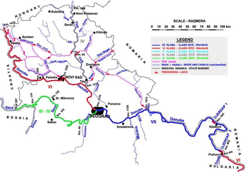 Карта 6: Унутрашњи пловни путеви Србије Извор: Генерални Мастер план саобраћаја у Србији Економски пад 1990-их је узроковао велико смањење транспорта и пловидбе на реци Сави, тако да је тренутна