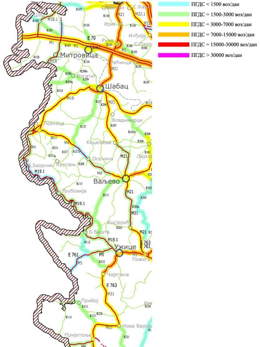 По интензитету саобраћаја, мерено Просечним Годишњим Дневним Саобраћајем (ПГДС) посебно се истичу путеви између великих регионалних центара, посебно око Сремске Митровице, Шапца, Лознице, Ваљева и