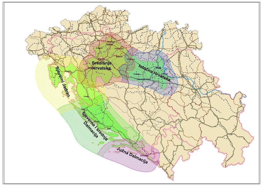 7 Prikaz 1 Zone za funkcionalnu regionalnu analizu 2.1.1. Središnja Hrvatska 2.1.1.1. Opis funkcionalne regije S obzirom na svoj geografski položaj, Središnja Hrvatska ima istaknutu ulogu u prometnoj mreži Republike Hrvatske i srednjoistočne Europe.