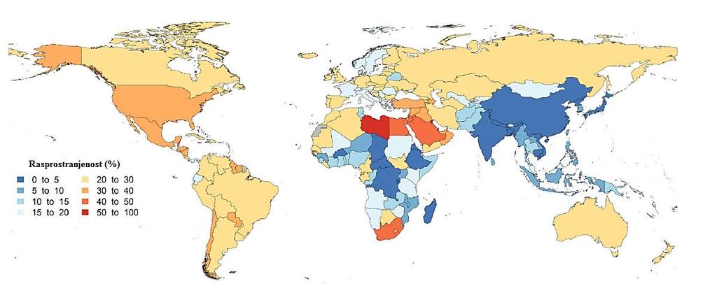 Slika 1. Prikaz rasprostranjenosti (%) pretilih ženskih osoba (BMI >= 30 kg m -2 ) starijih od 20 godina u zemljama diljem svijeta.