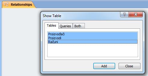 Означите све табеле у прозору Show Table који се појавио, и кликните на дугме Add. Затворите дијалог Show Table. Појављују се све табеле.