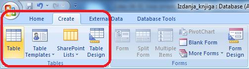 Други задатак Изаберите Table са траке Create.