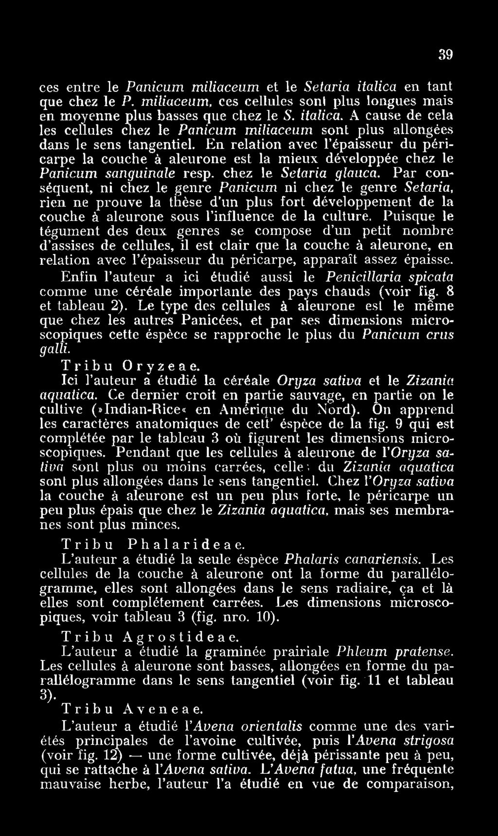 Par conséquent, ni chez le genre Panicum ni chez le genre Setaria, rien ne prouve la thèse d un plus fort développement de la couche à aleurone sous l influence de la culture.