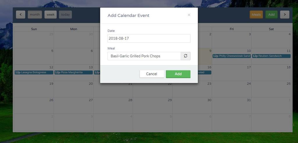 Na Slika 18 vidi kalendarski prikaz korisnikovoga ekrana gdje je unesen raspored obroka za interval od tjedan dana od 9. do 16. kolovoza 2018. godine. Slika 19.