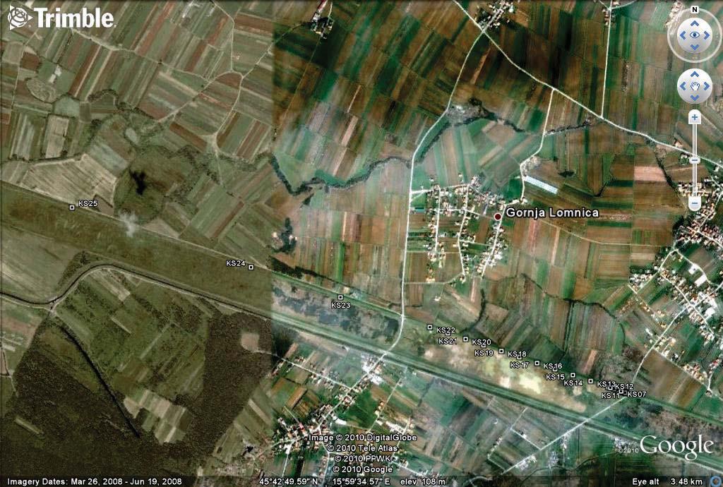 Slika 2. Položaj stupova kalibracijske baze na Google Earthu (URL 8).