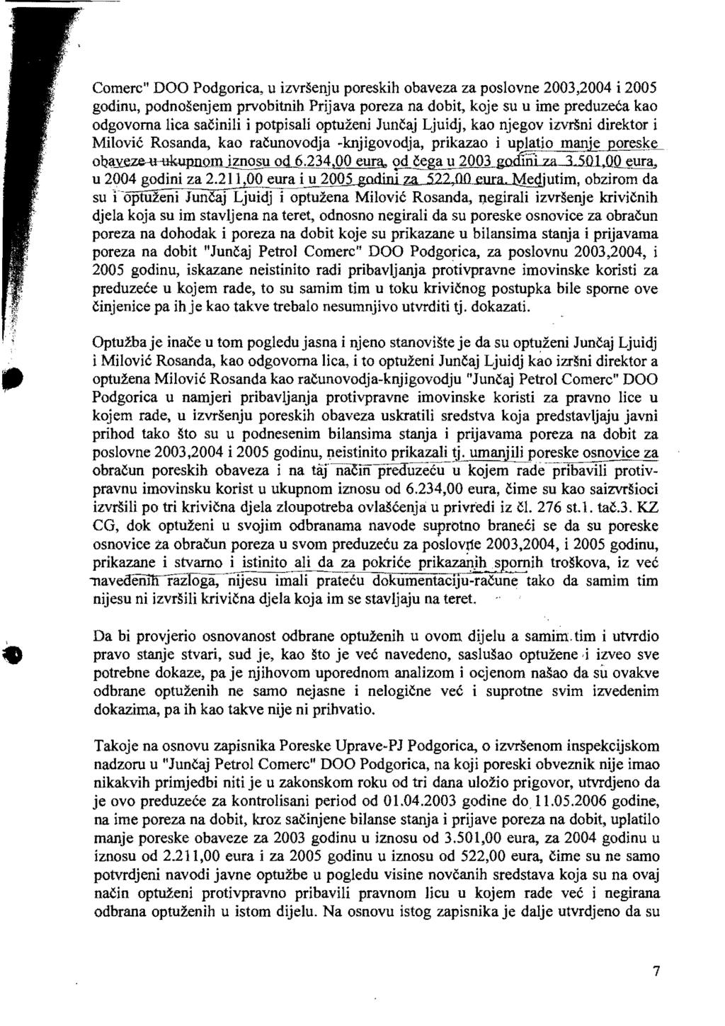 Comerc" DOO Podgorica, u izvrsenju poreskih obaveza za poslovne 2003,2004 i 2005 godinu, podnosenjem prvobitnih Prijava poreza na dobit, koje su u ime preduzeea kao odgovoma lica sai::inili i