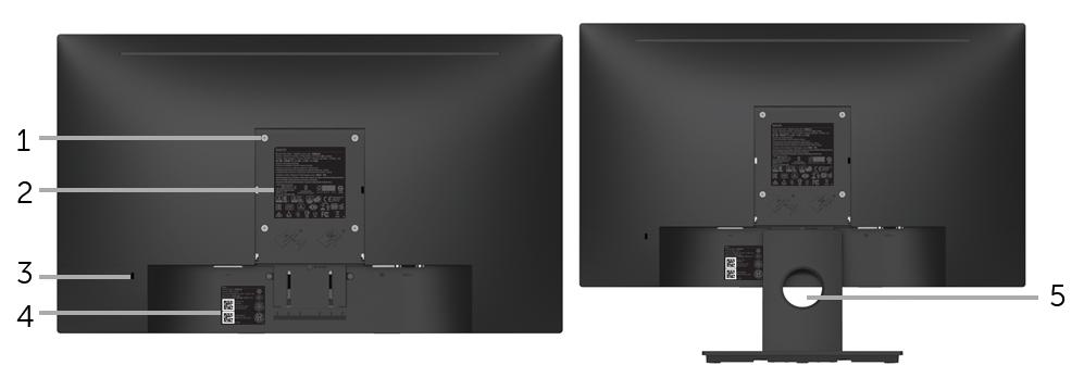 Zadnja strana Zadnja strana sa stalkom monitora Oznaka Opis Korišćenje 1 VESA montažni otvori (100 mm x 100 mm - iza pričvršćenog VESA poklopca) Zidna montaža monitora korišćenjem kompleta za zidnu