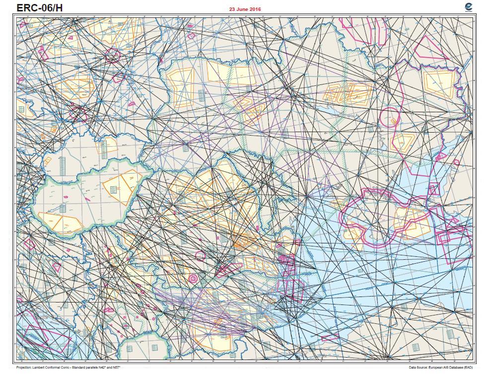 Slika 7. Zrakoplovna karta za gornji zračni prostor Srednje Europe i Ukrajine Izvor: http://www.eurocontrol.int/sites/default/files/content/documents/nm/cartography/erc06h-23jun2016.