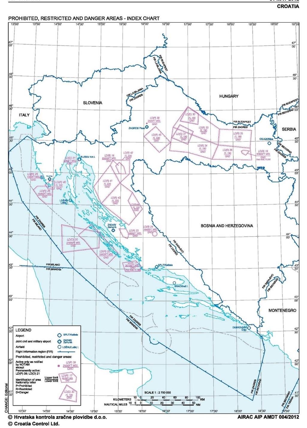 3.2.4 Ograničenja zračnog prostora Ograničenja zračnog prostora Republike Hrvatske su objavljene u Zborniku zrakoplovnih informacija RH (eng. Aeronautical Information Publication u nastavku ''AIP'').