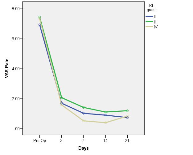 Grafikon 21. Grafički prikaz kretanja vrednosti VAS pain skale preinterventno i nakon 3, 7, 14 i 21 dan u odnosu na težinu bolesti iskazane Kelgren-Lawrence skalom.