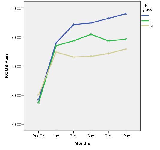 Grafikon 22. Grafički prikaz kretanja vrednosti KOOS pain skale preinterventno i nakon 1, 3, 6,9 i 12 meseci u odnosu na težinu bolesti iskazane Kelgren-Lawrence skalom.