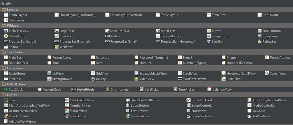 Slika 3. Paleta kontrola Izvor: snimka zaslona autora Dostupne su kontrole unutar palete organizirane u nekoliko kategorija: Layouts kontejnerski objekti koji diktiraju razmještaj kontrola na ekranu.
