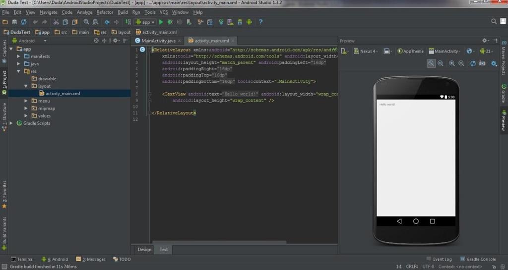 Slika 13. Sučelje s novonastalim projektom Izvor: snimka zaslona autora 3.2 Kljuĉne datoteke i struktura projekta S lijeve strane sučelja Android Studia nalazi se preglednik projekta.