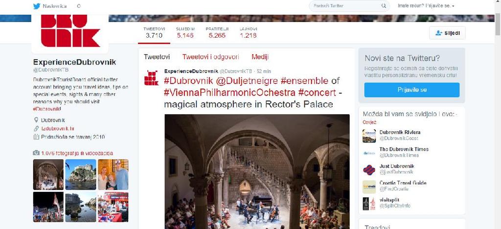 6.2.3. Twitter Druga po redu mreža po broju pratitelja je Twitter. Na Twitter stranici grada Dubrovnika također se objavljuju svakodnevno informacije o gradu. Skoro svaki twett je popraćen sa slikom.