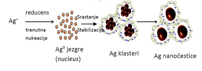 Slika 7: Shematski prikaz sinteze srebrnih nanočestica Koraci nukelacije i rasta utječu na oblik i veličinu sintetiziranih nanočestica, monodisperznost i uniformnost veličine čestica.