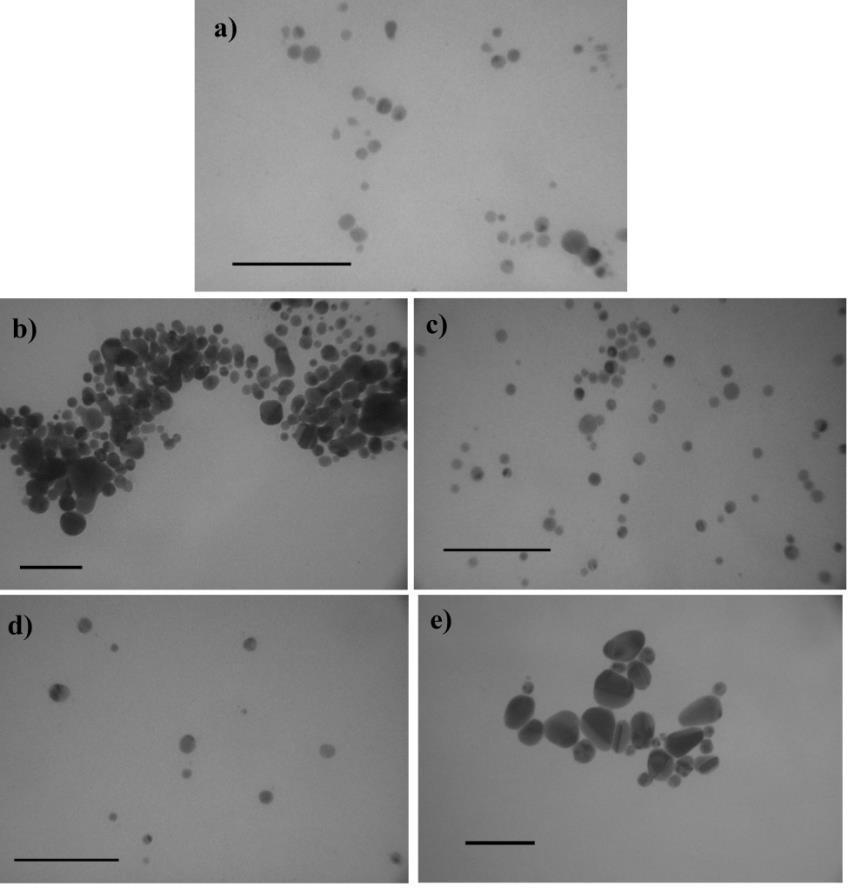 REZULTATI I RASPRAVA Slika 4.1.b. TEM slike nanočestica srebra u ultračistoj vodi (skala 100 nm): a) PVP-AgNP, b) CTA-AgNP, c) PLL-AgNP, d) AOT-AgNP, e) CIT-AgNP.