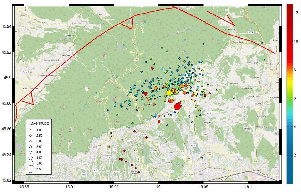 Zagrebačka serija potresa 2020. god. Epicentri serije potresa za 22. ožujka 1. lipnja 2020 prema dubini i magnitudi. Prikazani su samo potresi locirani s velikom preciznošću (npr.