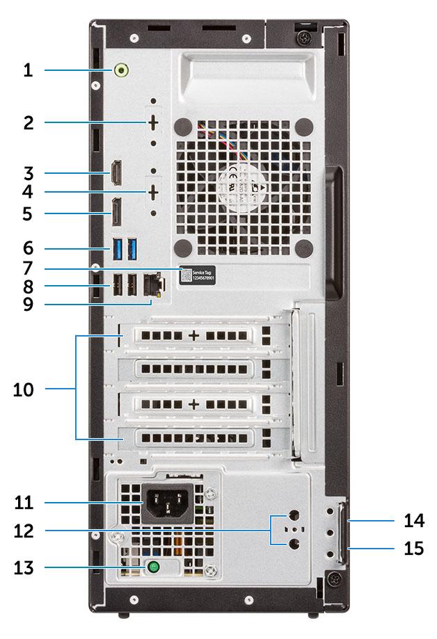 7. USB 3.1 Gen 1 portovi (2) Prikaz sa zadnje strane 1. Linijski izlazni port 2. Serijski port (opcionalno) 3. HDMI port 4. DP1.2/HDMI2.0/VGA/Serial/Serial-PS/2 (opcionalno) 5. DisplayPort 6. USB 3.1 Gen 1 portovi (2) 7.