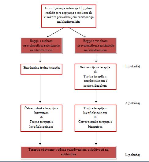 Slika 6. Izbor liječenja infekcije Helicobacterom pylori u regijama s niskom i visokom prevalencijom rezistencije na klaritromicin (Katičić i sur.