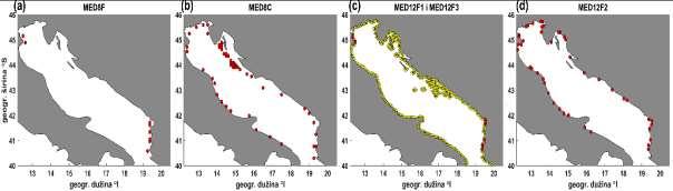 Slika 5. Položaji točkastih izvora riječnog forsiranja u Jadranskom moru za simulacije (a) MED8F, (b) MED8C, (c) MED12F1 i MED12F3, te (d) MED12F2. Detaljniji opis se nalazi u tekstu.