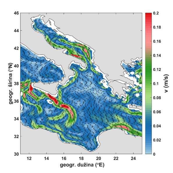 Slika 9. Vremenski usrednjena površinska cirkulacija središnjeg Sredozemnog mora u razdoblju od 1961. do 2012. godine, simulirana MED8F-om.
