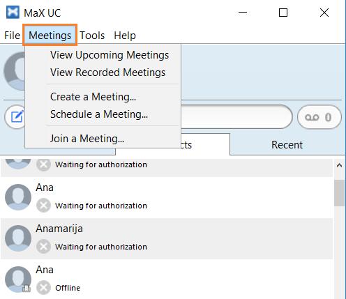 Max UC Meeting Max UC Meeting omogućuje vam napredne konferencijske mogućnosti. Kako biste ga pokrenuli, kliknite na opciju Meeting na izborniku smještenom na vrhu komunikatora.