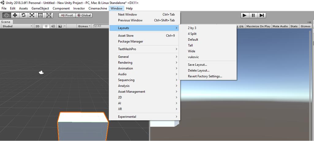 Slika 9: Raspored prozora u Unity Editor-u Kao što se može vidjeti na slici 9, Unity Editor se može postaviti po želji.
