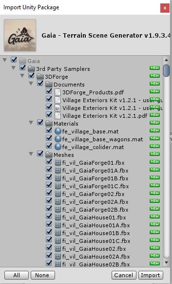 Slika 15: Gaia importanje Nakon importa klikne se na tab Window->Procedural Worlds->Show Gaia Manager.