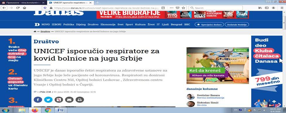 UNICEF isporučio respiratore za kovid bolnice na jugu Srbije UNICEF je danas isporučio četiri respiratora za zdravstvene ustanove na jugu Srbije koje leče pacijente od koronavirusa.