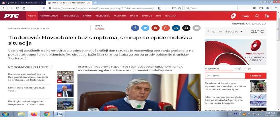 Tiodorović: Novooboleli bez simptoma, smiruje se epidemiološka situacija Veći broj zaraženih od koronavirusa u odnosu na jučerašnji dan rezultat je masovnijeg testiranja građana, a ne pokazatelj