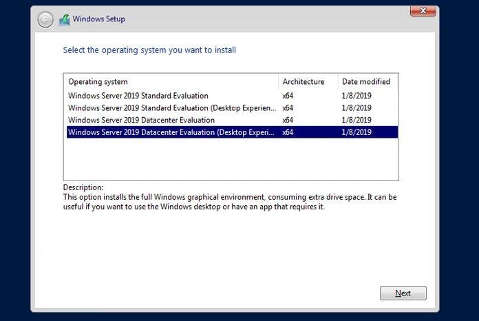 Slika 3 Odabir verzije Windows Servera Odaberemo željenu verziju i