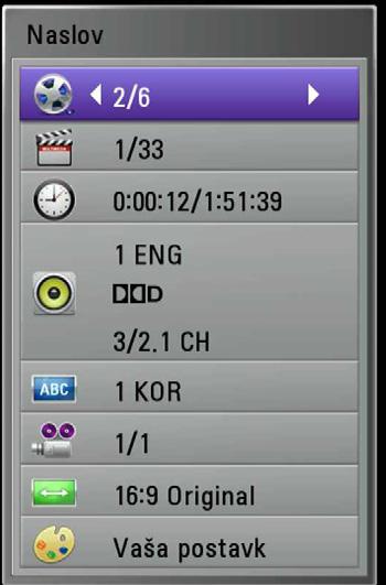 Operacije 37 On-Screen display (Displej na ekranu) Možete prikazati i uređivati različite informacije i postavke o sadržaju. Prikaz informacija o disku na ekranu BD DVD AVCHD MOVIE 1.
