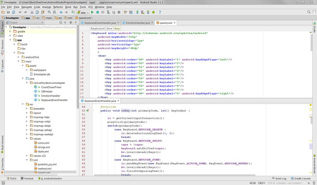 Na slici 6.2, prikazano je razvojno okruženje Android Studio te unutar toga, s lijeve strane - stablo datoteka projekta, a s desne strane, gore, isječak XML koda, a dolje isječak Java koda. Slika 6.2. Razvojno okruženje Adnroid Studio s primjerom Java i XML koda 6.