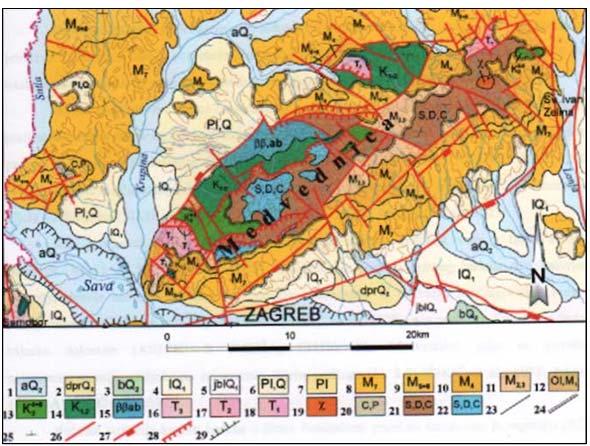 Slika 15 b) Isječak iz: Geološka karta Republike Hrvatske, 1:300 000 s pripadajućom legendom (aq 2 jezerske holocenske naslage; dprq 2 deluvijalno proluvijalne holocenske naslage; bq 2 barske