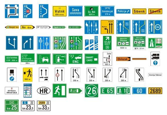 Znakovi obavijesti Izvor: [14] Znakovi obavijesti za vođenje prometa obavješćuju sudionike u prometu o pružanju cestovnih smjerova, rasporedu odredišta i vođenju prometa prema njima, križanjima i