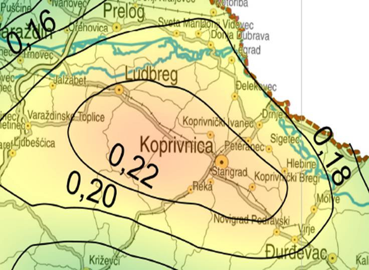 e) POTRES Prema podacima koji su prikazani Kartom potresnih područja Republike Hrvatske za povratni period od 475 godina, područje Općine Hlebine pripada području s vršnim ubrzanjem od 0,18 0,20g,