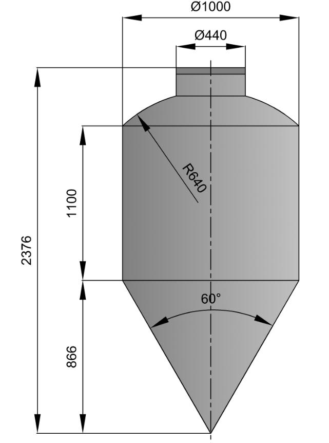 skica odabranog spremnika sa uvedenim pojednostavljenjima.