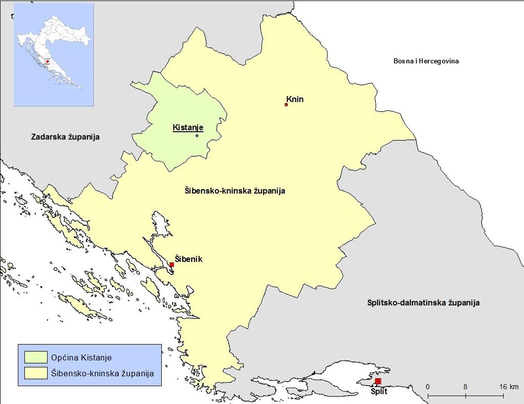 Sl.4. Prikaz prostornog smještaja i veličine općine Kistanje Izvor: Izradio autor prema podacima iz DIVA GIS-a 5.
