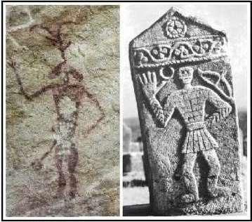 Blagoslov boga Sunca na petroglifu (Ongna, Chhattīsgarth, India) i na stećku (Radimlja, Stolac) To je univerzalni simbol kakav srećemo na petroglifima širom svijeta i na srednjevijekovnim stećcima.