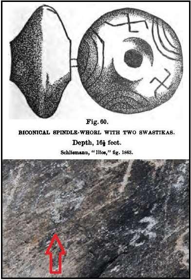 Ispod je svastika na Pisanoj stijeni, a iznad ista svastika na artifaktu Troje (Henry
