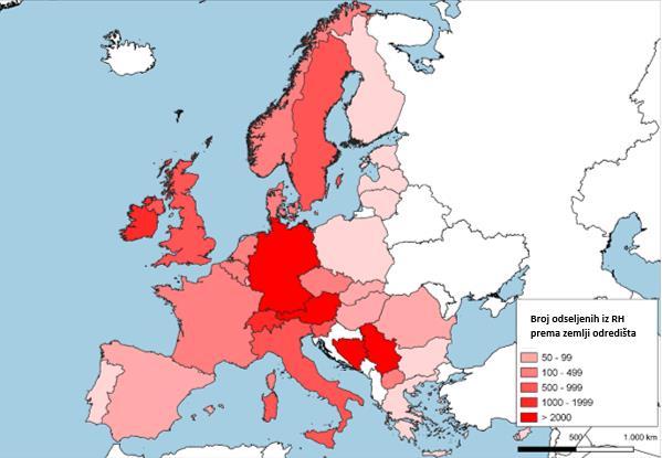 Hrvatske u Europsku uniju i otvaranjem tržišta rada članica EU za hrvatske državljane kao najprivlačnija odredišta moguće je izdvojiti Njemačku, Austriju i Irsku. Sl. 3.