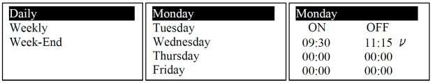 Postoje tri vrste programa koje je moguće podesiti: Dnevni Program (Daily) bira se dan u nedelji i programirano vreme uključivanja i isključivanja sistema. Za svaki dan postoje tri vremenska opsega.