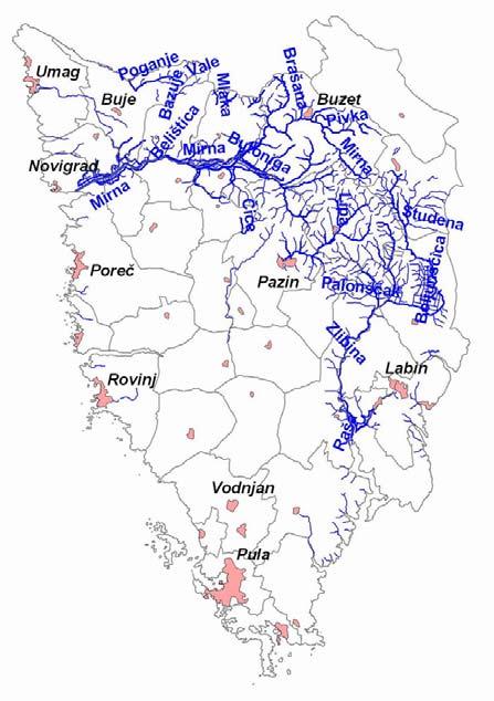 Najveći dio IŽ-a je vodopropusni krš, pa veći površinski vodotoci postoje samo u području Sive Istre (vidi Slika 4).