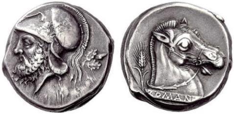 Slika 3.4. Srebrna didrachma; glava boga Marsa na av., konj na rv. s legendom ROMANO, oko 280. g. pr. n. e. (Umjetnička galerija Sveučilišta Yale) Slika 3.5.