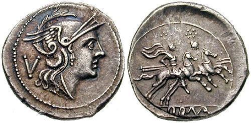 Slika 3.9. Srebrni quinarius; oko 200. g. pr. n. e. Slika 3.10. Srebrni sestertius; oko 208. g. pr. n. e. 3.5.3. Brončane kovanice Nekoliko novih brončanih denominacija, primjerice dextans i quincunx, bile su vrlo kratkog vijeka.