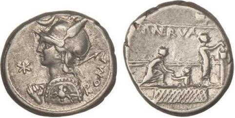 Slika 3.11. Srebrni denarius s potpisom P NERVA (Licinius Nerva, Praetor); bista Rome na av., oznaka vrijednosti * s lijeva, ROMA s desna; scena glasovanja na rv., oko 113. g. pr. n. e.