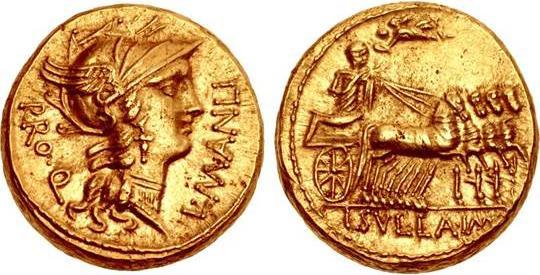 Slika 3.13. Zlatni aureus; glava božice Rome s kacigom, PRO.Q s lijeva, L.MANLI s desna na av.; Sula na kvadrigi, Viktorija u letu kruneći ga vijencem, L.SVLLA.IM u eg
