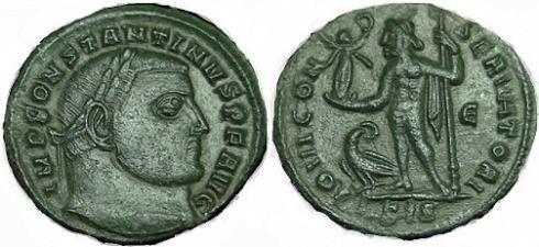 12) kovanog oko 318. g. u kovnici Sisciji. Avers kovanice nosi bistu Konstantina I okrenutu u lijevu stranu, s kacigom i kopljem na desnom ramenu.