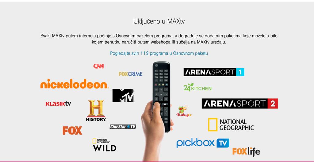 Slika 9. Ponuda programa unutar osnovnog MAX Tv paketa Izvor : Snimka zaslona stranice Hrvatski Telekom nastala 26.7.2021.